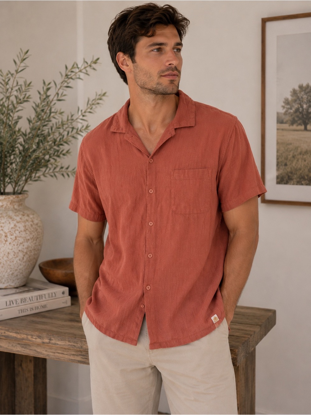 Free Planet Men's Casual Short-Sleeve Button Down Shirt - Rust